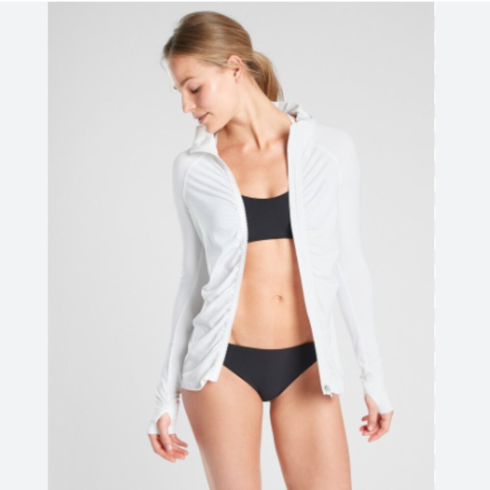 Athleta Pacifica Crosscurrent UPF Jacket LT White Ruched Long Sleeve Hood